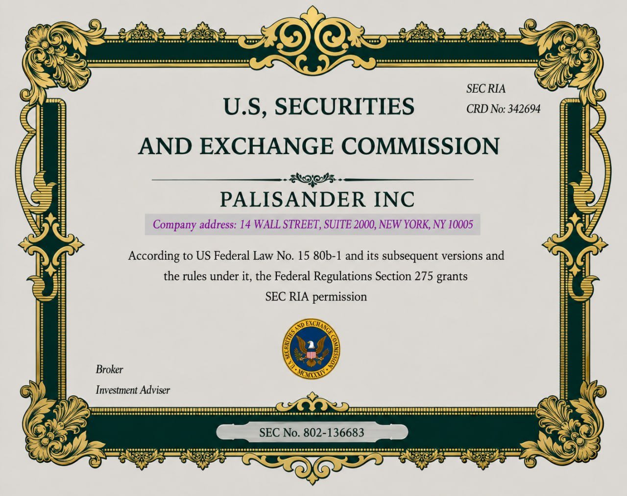 Palisander Inc SEC regulatory information